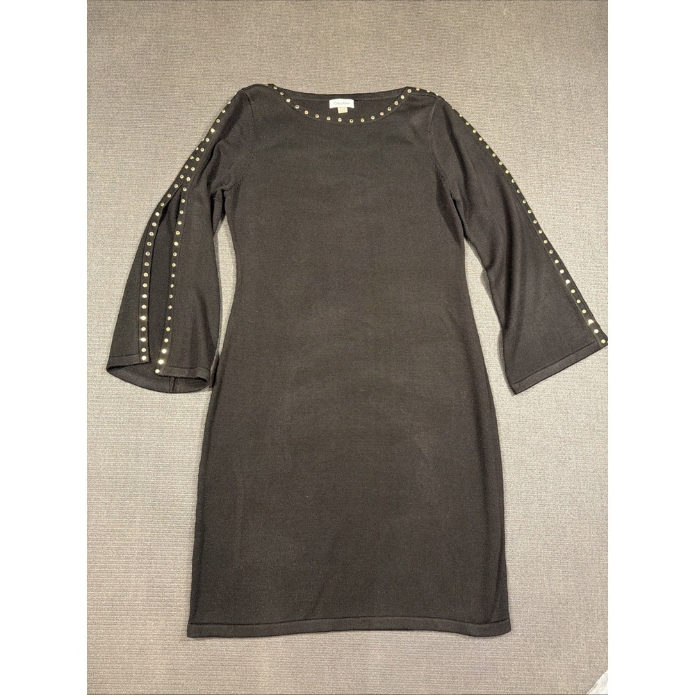 Calvin Klein Size Large Embellished Split-Sleeve Sweater Black Gold Dress